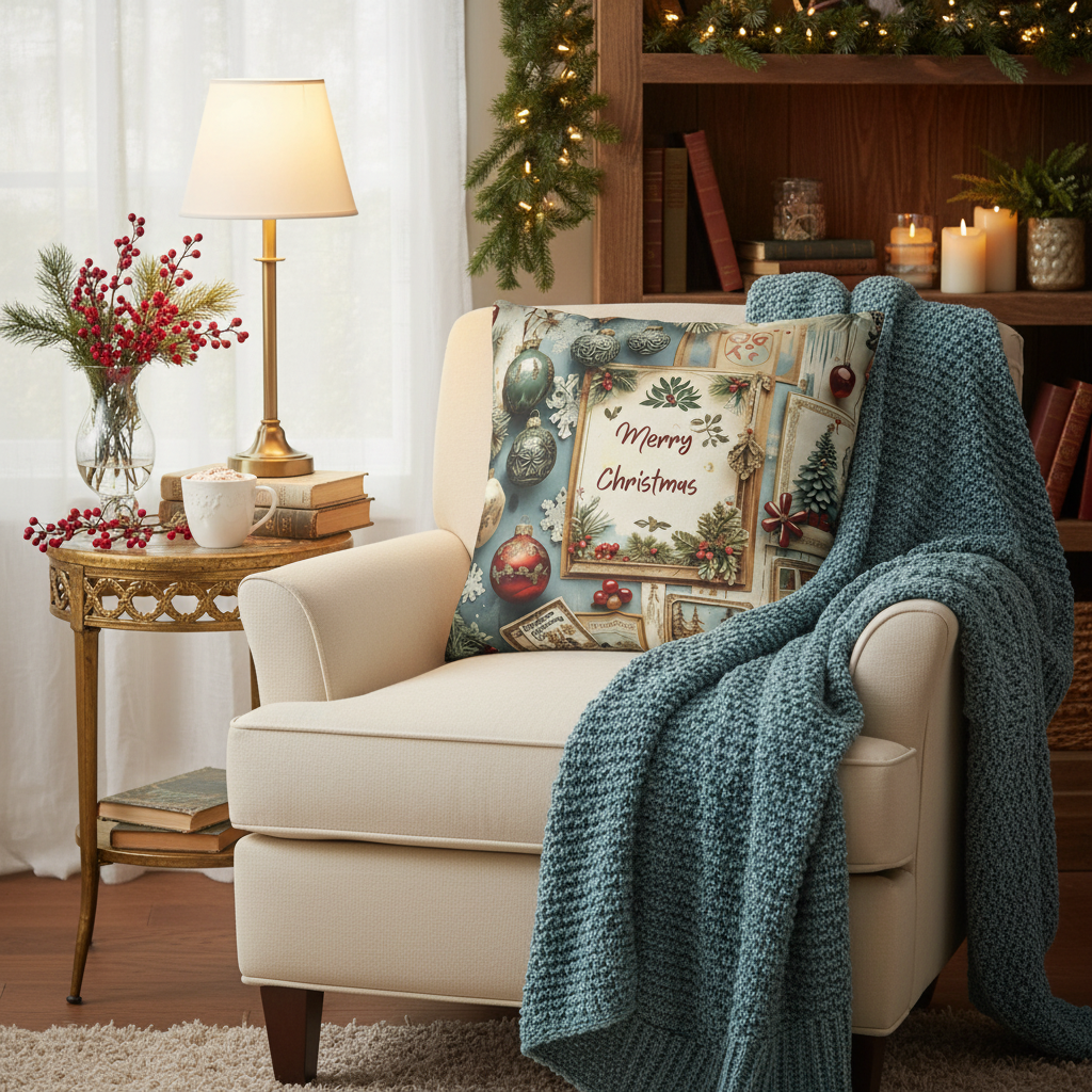 Cozy reading nook with vintage Christmas pillow