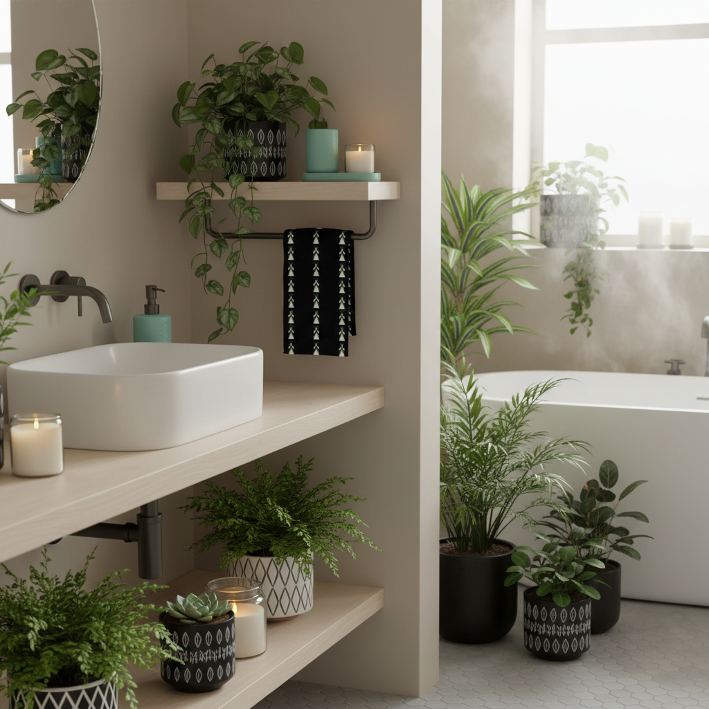 Cozy spa bathroom with geometric towel and abundant houseplants