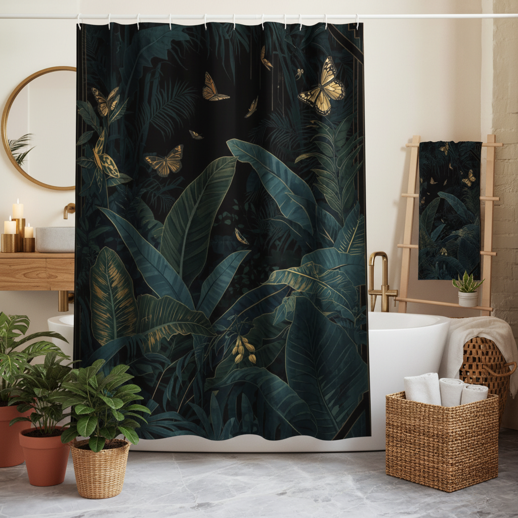 Cozy spa bathroom with tropical butterfly shower curtain and matching beach towel