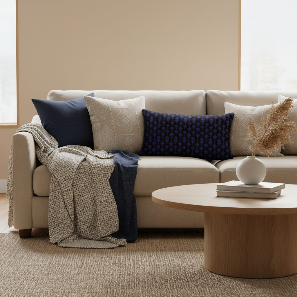 Cozy warm living room with deep blue and black geometric pillows on beige sofa