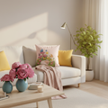 Cozy warm living room with square cute sheep spring pillow on white sofa with pink blanket, yellow pillows, green plants and spring flowers