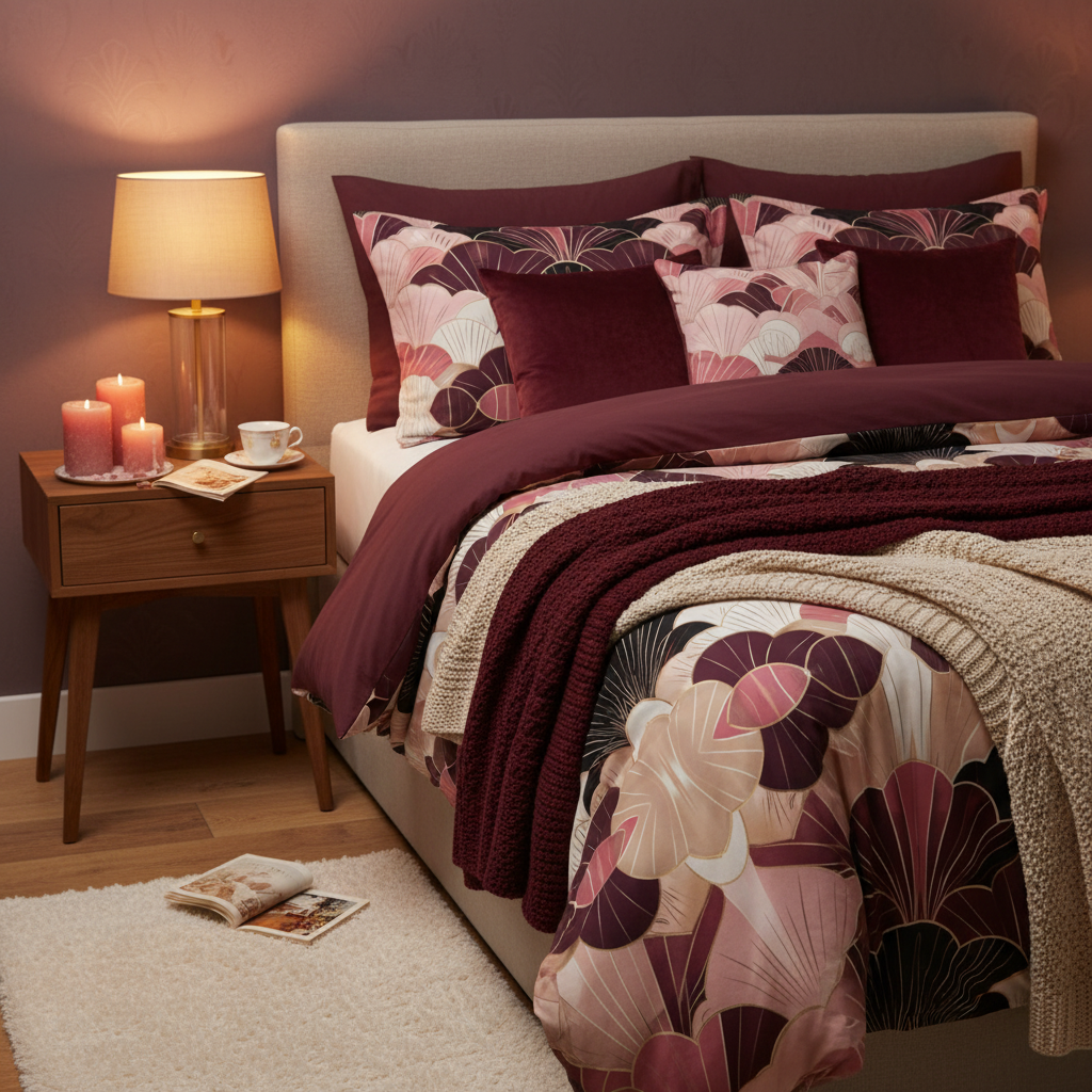 Cozy warm queen size bedroom with art deco fan pattern duvet cover in burgundy beige pink, chunky knit throws, burgundy velvet cushions, pink candles, warm ambient lighting