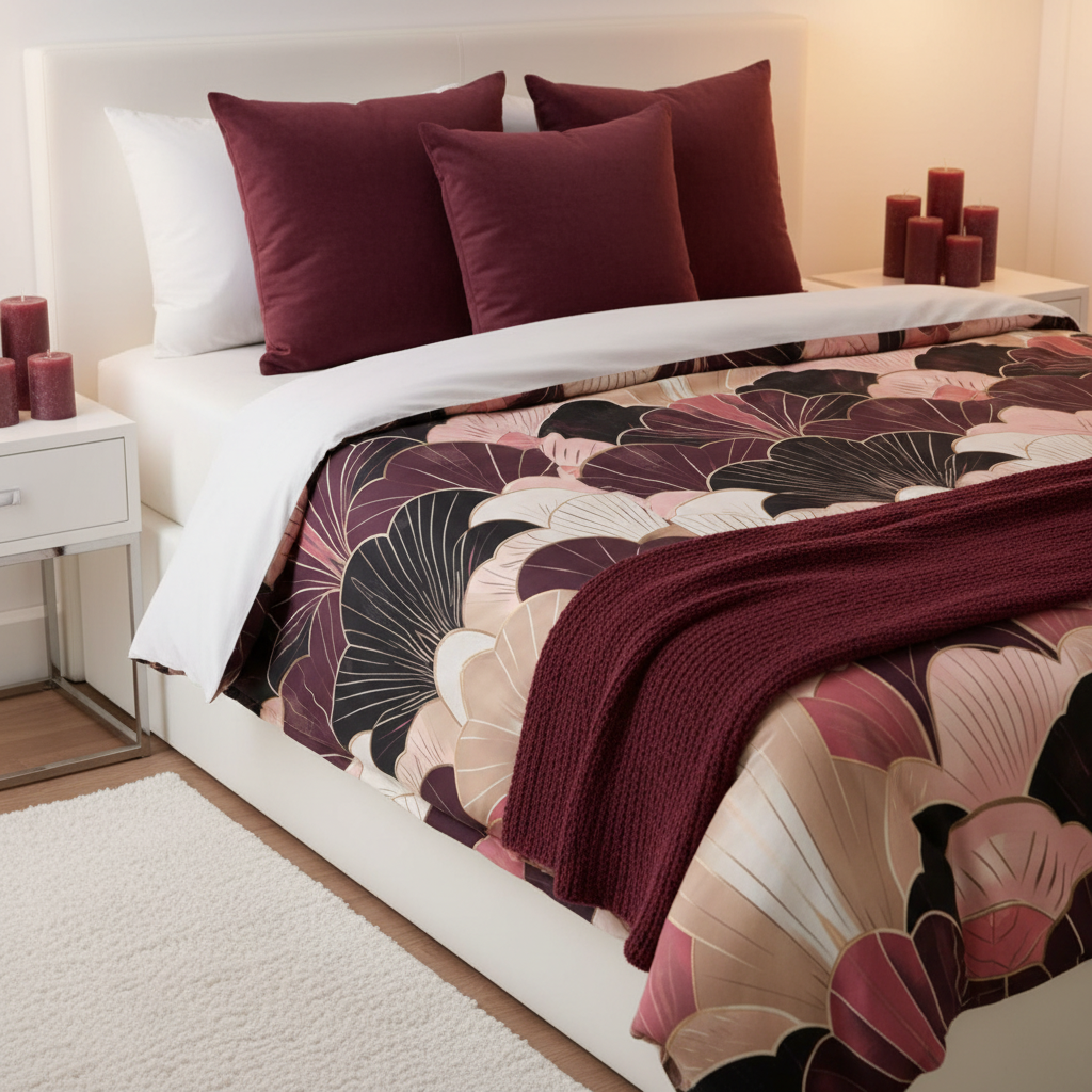 Cozy warm white bedroom with art deco geometric duvet cover pattern clearly visible, white walls and sheets, burgundy velvet cushions and throw, burgundy candles, warm golden lighting, medium close capturing detail and context