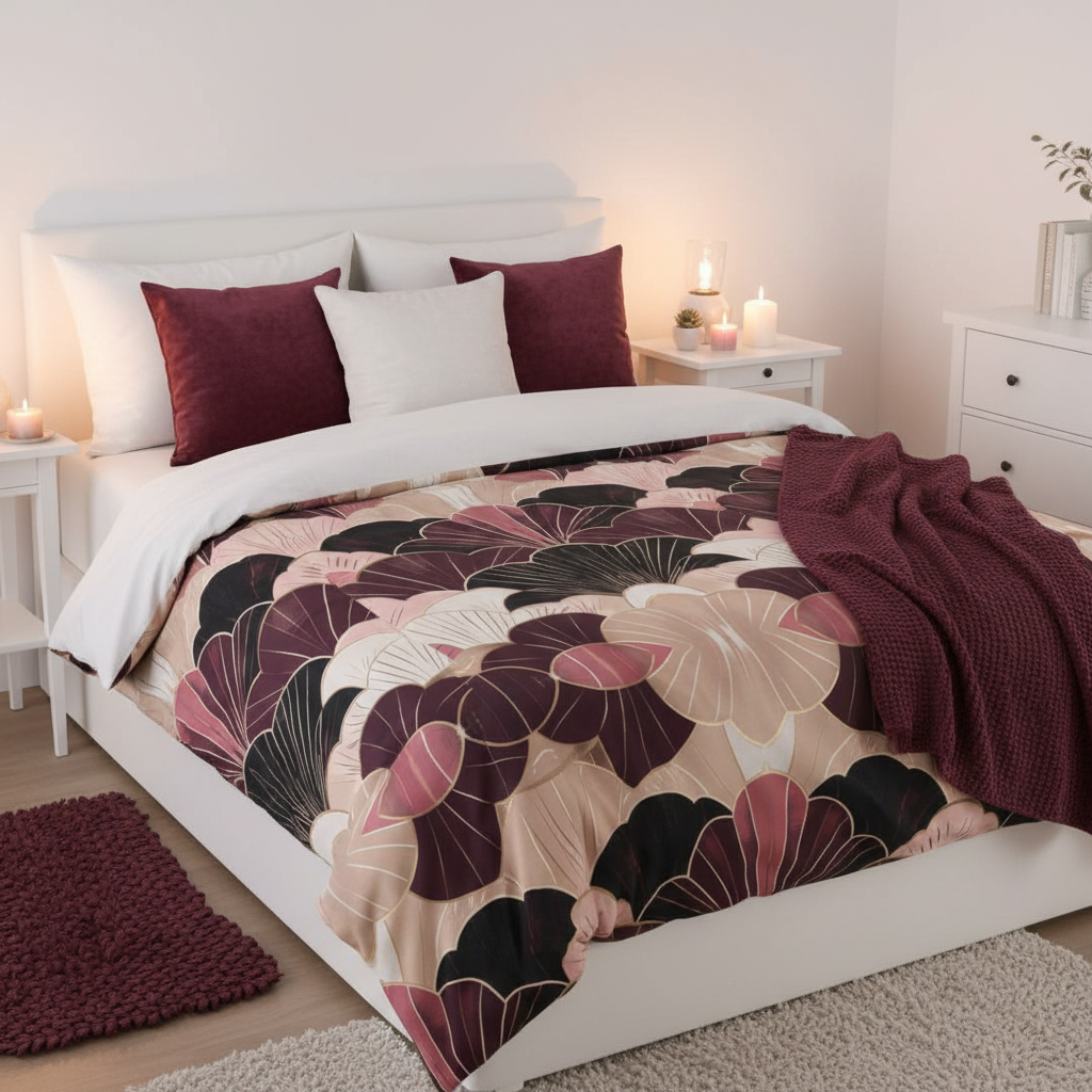 Cozy warm white bedroom with queen bed featuring art deco fan duvet cover in burgundy beige pink, white walls, burgundy velvet pillows and blanket, warm lighting, medium distance showing pattern and room