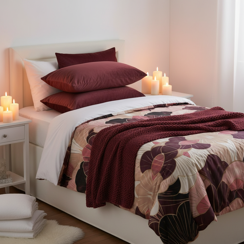 Cozy warm white bedroom with twin bed featuring art deco fan duvet cover in burgundy beige pink, white walls, burgundy velvet pillows and blanket, warm lighting, medium distance showing pattern and room