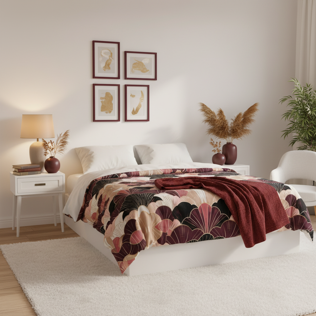 Cozy warm white queen bedroom with art deco duvet cover, burgundy ceramic vases with dried flowers, burgundy frames, warm lamp, books, wider angle showing full room