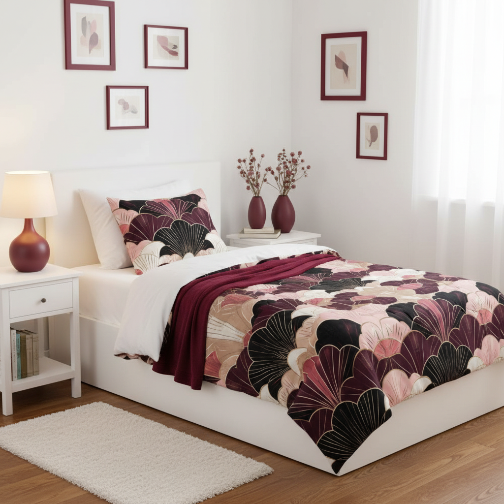 Cozy warm white twin bedroom with art deco duvet cover, burgundy ceramic vases with dried flowers, burgundy frames, warm lamp, books, wider angle showing full room