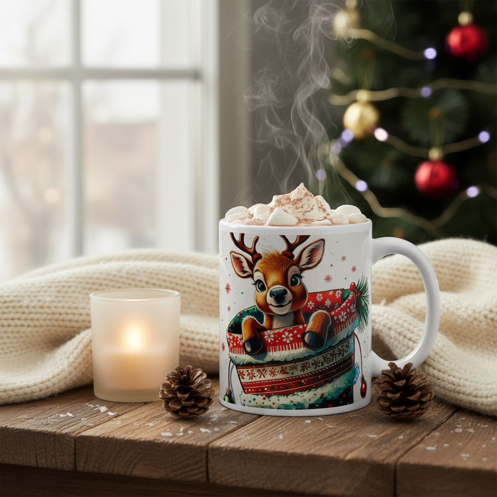Cozy winter morning with Baby Reindeer mug