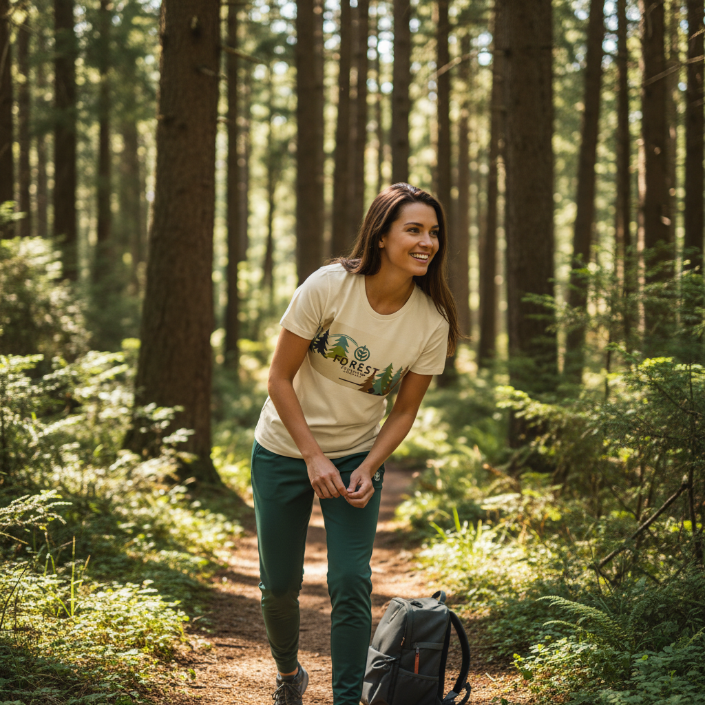 Cream forest adventure t-shirt with green joggers in outdoor nature setting
