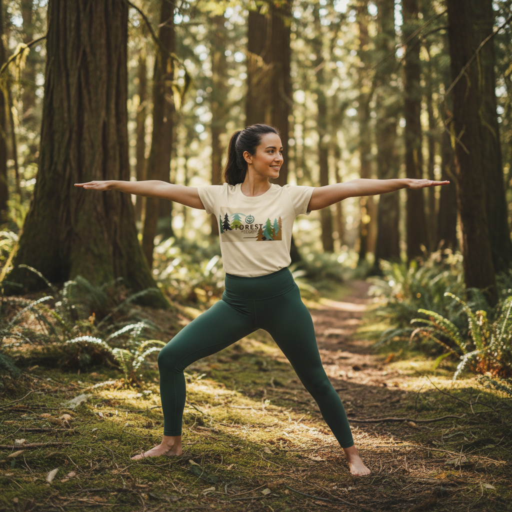 Cream forest print t-shirt with green leggings in yoga pose in nature