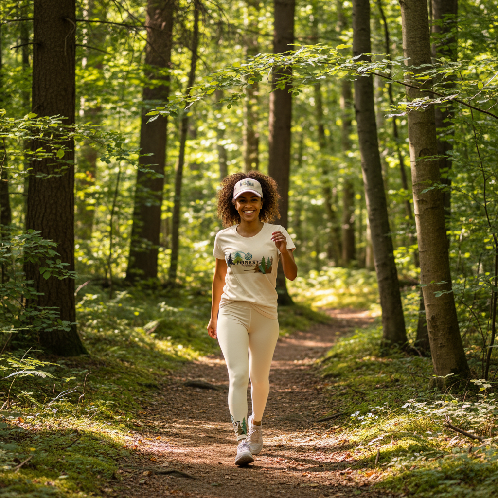 Cream forest t-shirt and matching leggings on nature trail