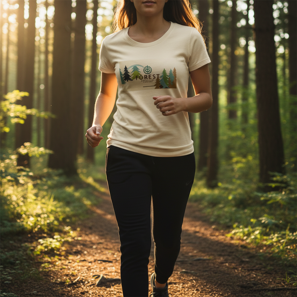 Cream forest t-shirt with black joggers on outdoor forest path at golden hour