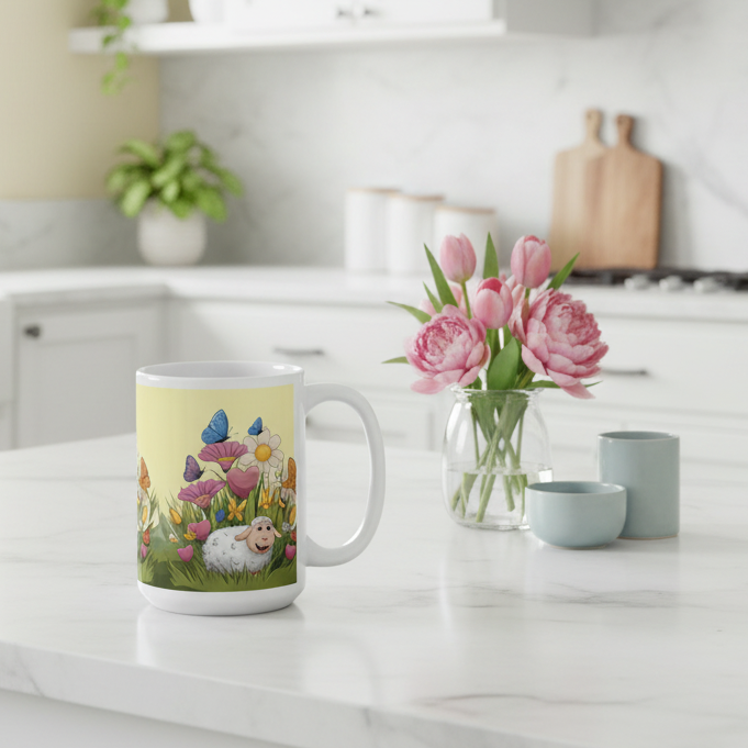 Cute sheep spring garden mug on white marble countertop in modern kitchen with yellow walls, green plants and pink flowers