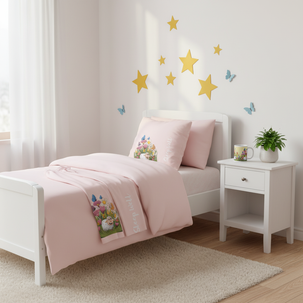 Cute sheep spring pillow on bed with matching pajama pants and mug in playful kids bedroom with pink bedding and spring decorations