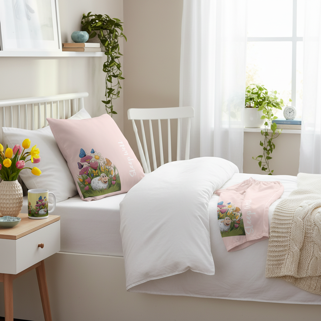 Cute sheep spring pillow on bed with matching pajama pants and mug in serene bedroom with white and pink bedding and spring flowers