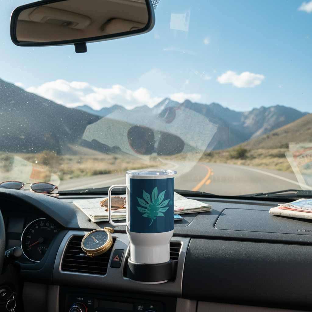 Dark blue travel mug na road tripu