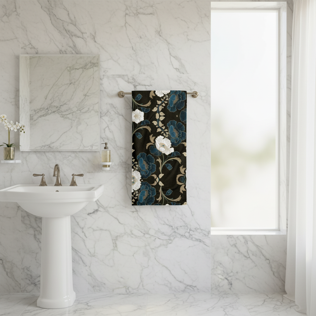 Dark floral beach towel hanging in elegant bathroom
