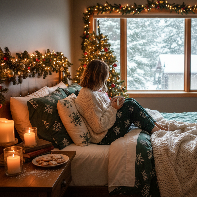 Dark Green Snowflakes Pajama Pants Christmas Lifestyle