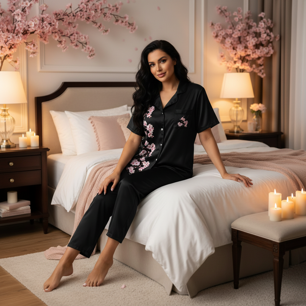 Dark-haired woman in black cherry blossom pajamas relaxing on bed in romantic bedroom
