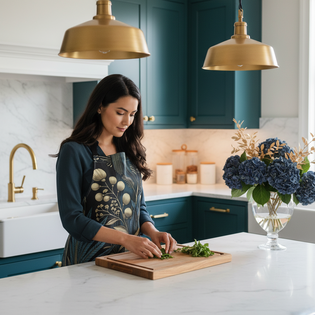 Dark-haired woman in midnight botanical apron in luxury kitchen