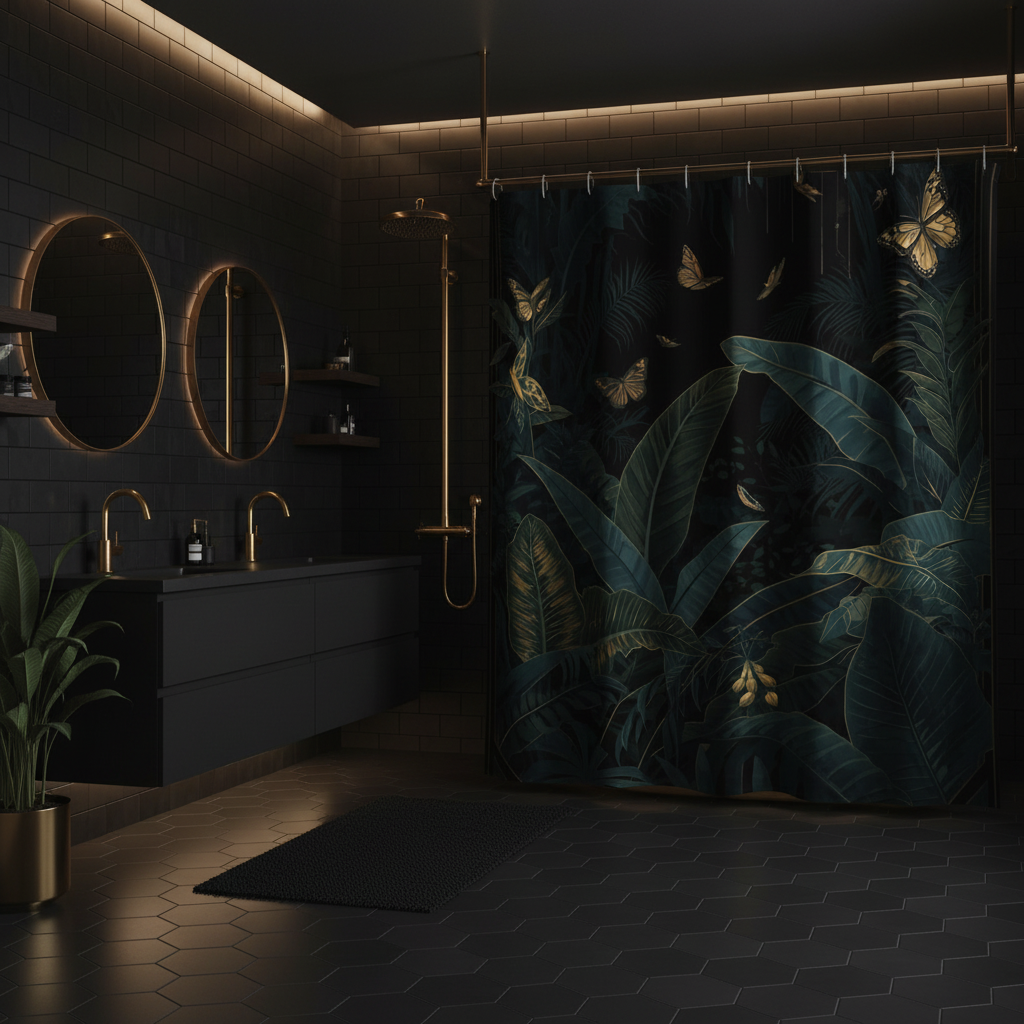 Dark moody bathroom with black tiles and emerald butterfly shower curtain with gold accents