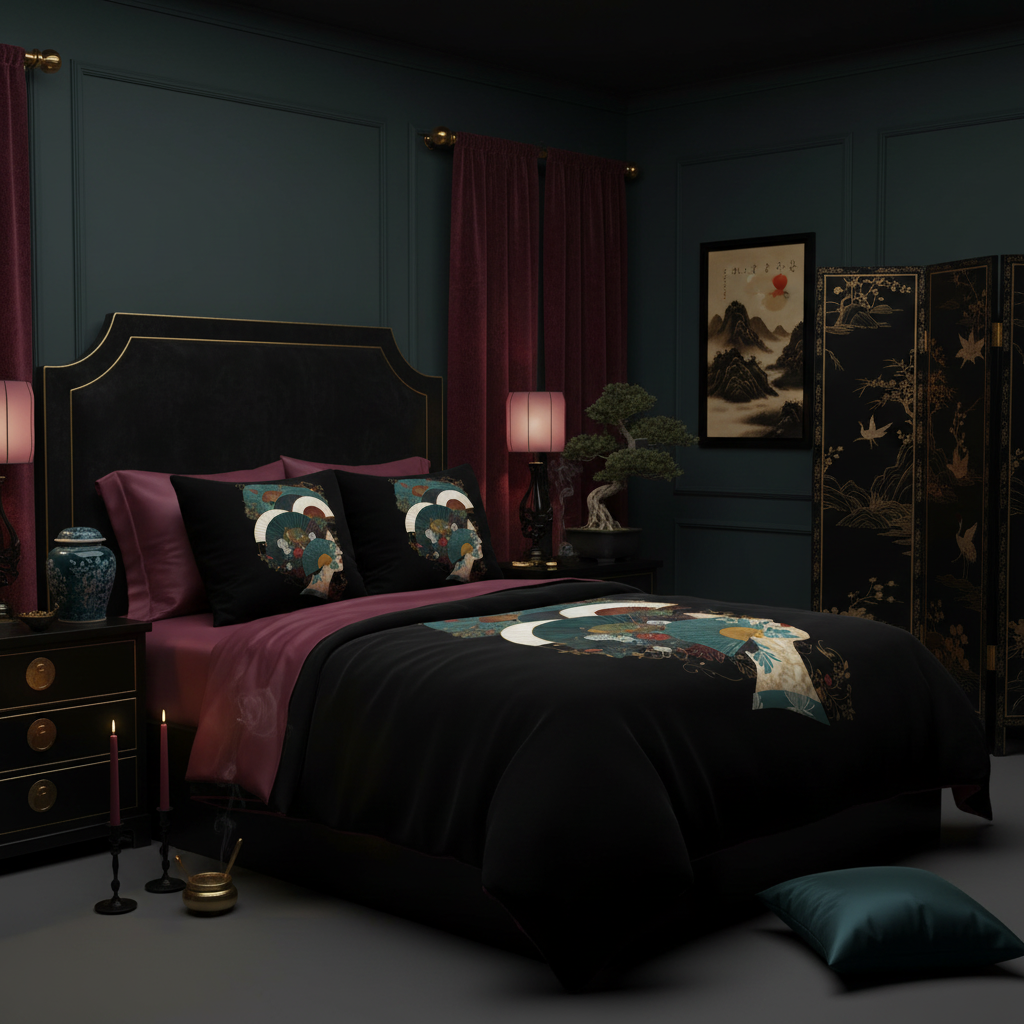 Dark opulent bedroom with black velvet and Asian furniture