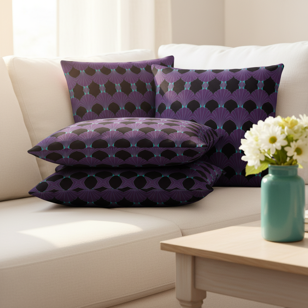 Detailed view of geometric art deco pillows on sofa