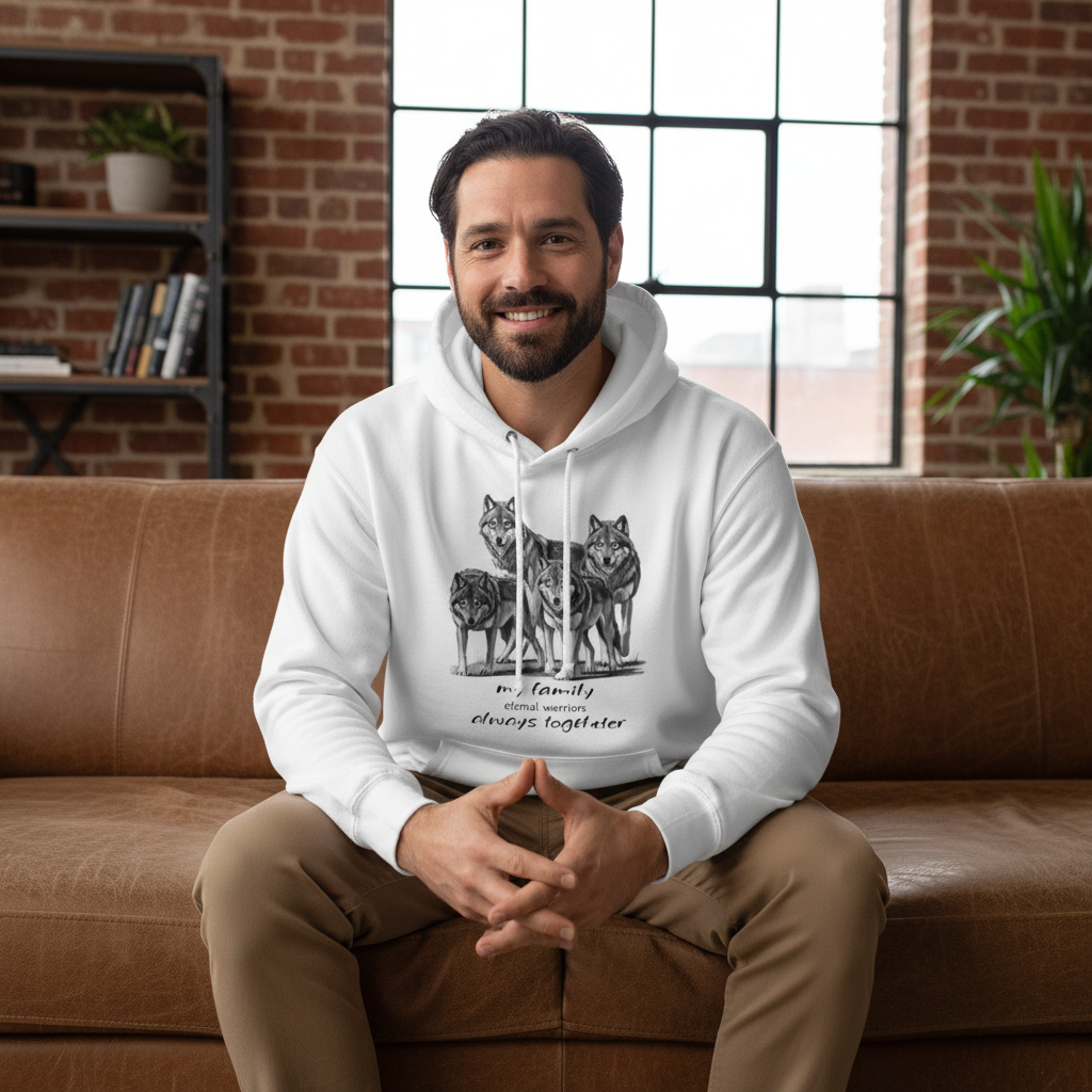 Different Man in Wolf Pack Hoodie Indoor Lifestyle