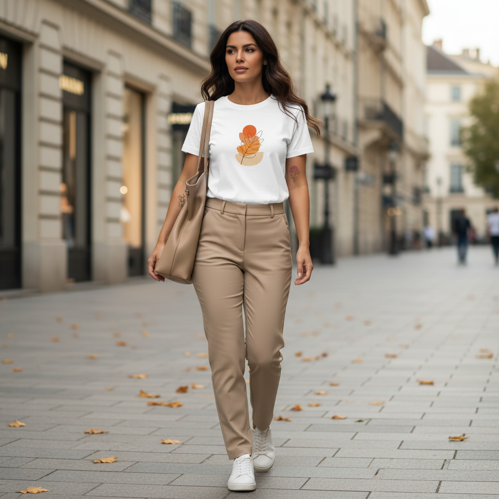 Different powerful dark brown hair woman white autumn leaf t-shirt beige trousers white sneakers beige tote casual chic