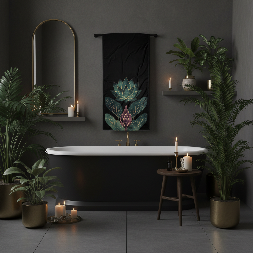 Dramatic dark bathroom with lotus flower towel on black bar and brass accents