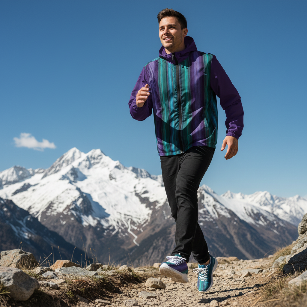 Dynamic man hiking mountains crystal windbreaker sneakers