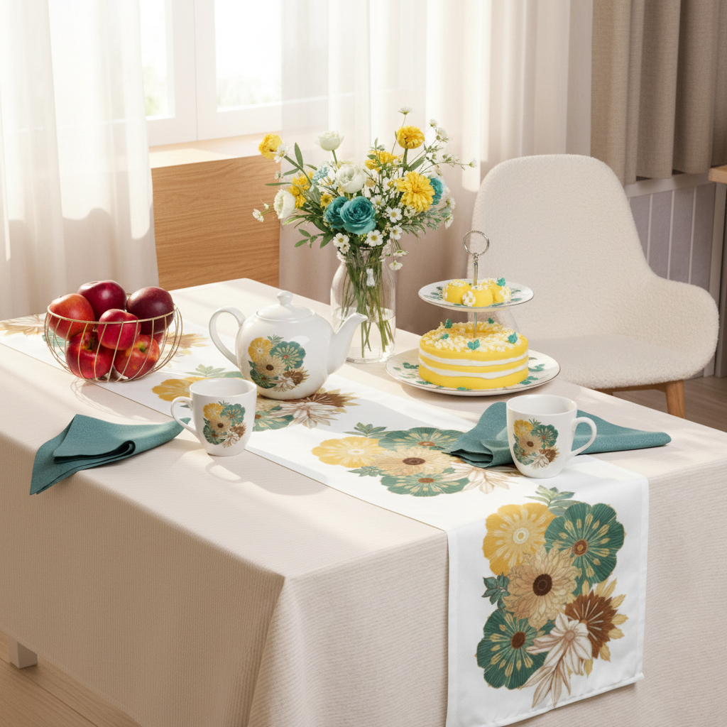 Elegant afternoon tea setting with floral table runner