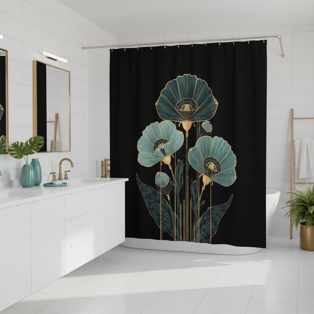 Elegant bathroom with black teal floral shower curtain and brass fixtures