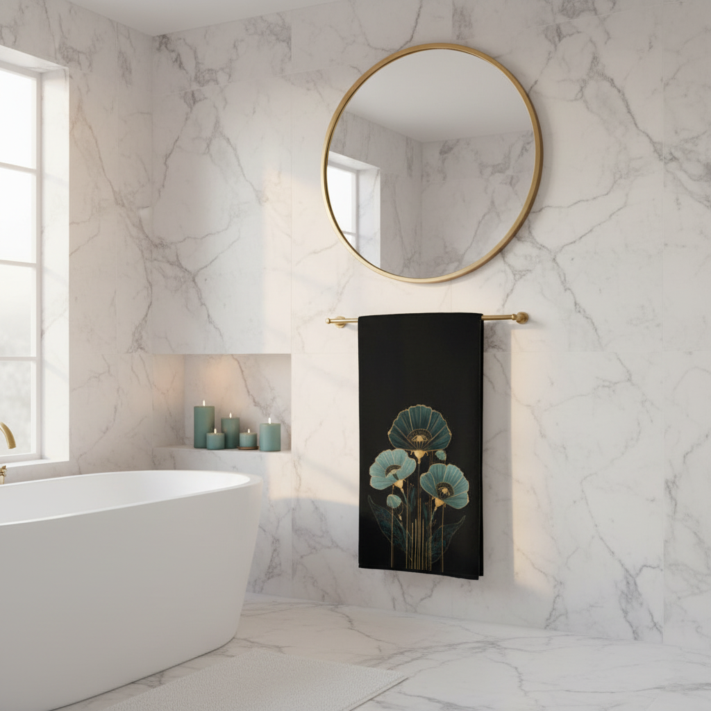 Elegant bathroom with black teal gold botanical beach towel on brass towel bar