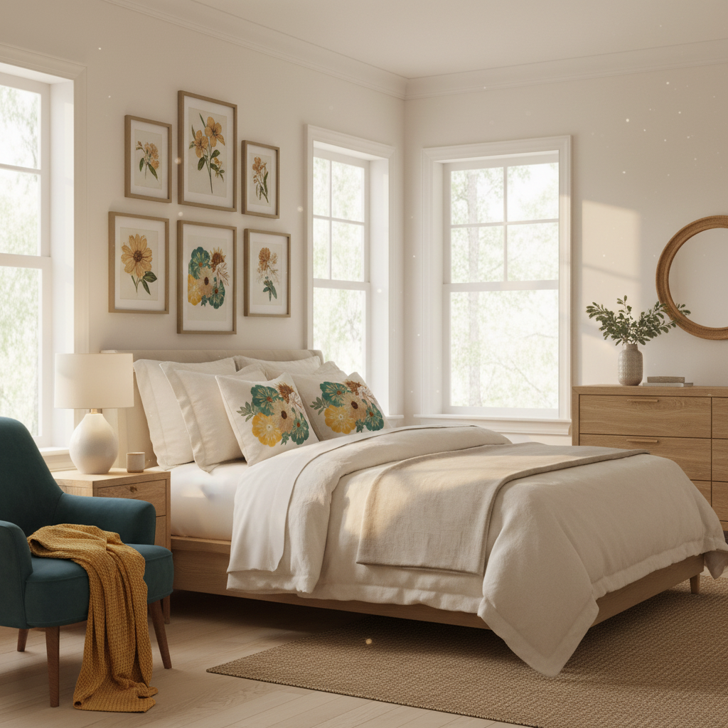 Elegant bedroom with floral accent pillows