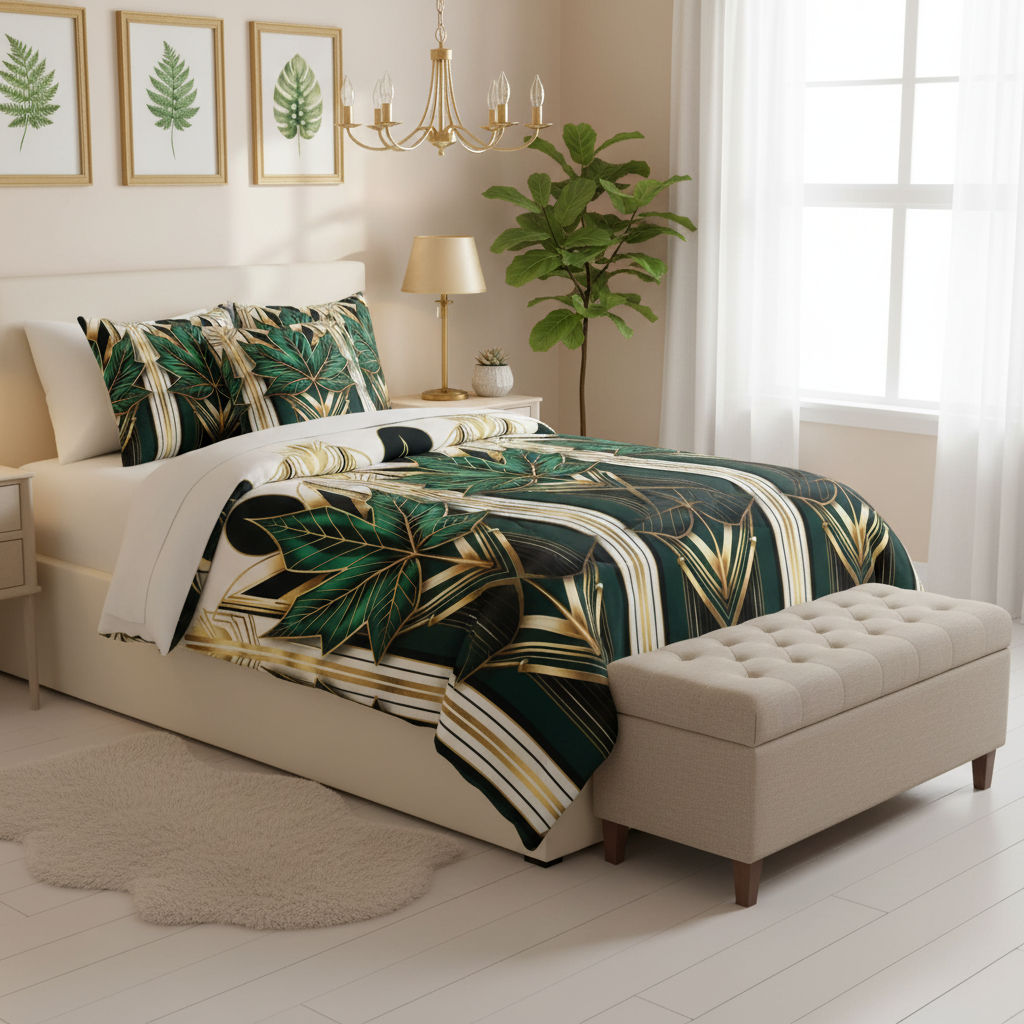 Elegant bedroom with twin bed and gold chandelier