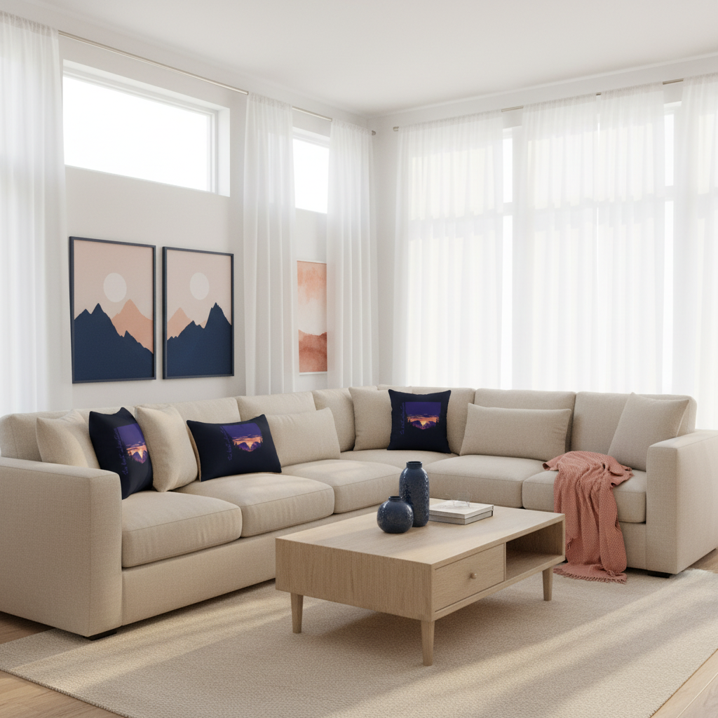 Elegant beige living room with navy artwork