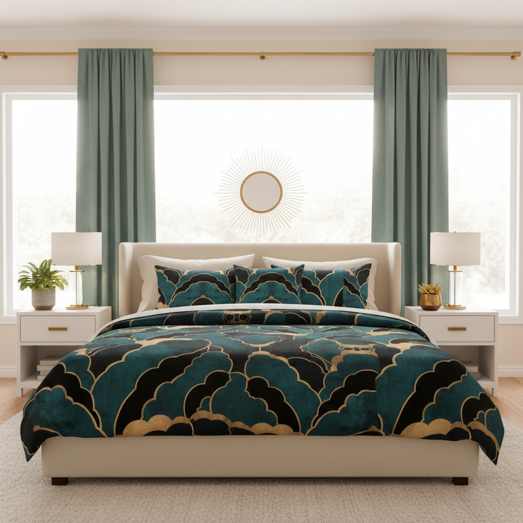 Elegant bright bedroom with Art Deco geometric bedding, teal velvet curtains and cream walls