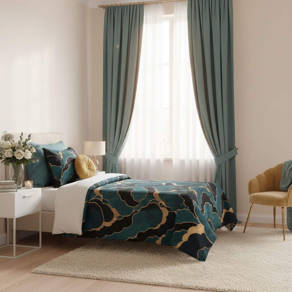 Elegant bright bedroom with twin bed, Art Deco geometric bedding and teal curtains