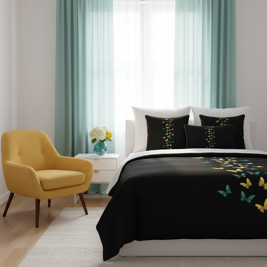Elegant coastal bedroom with butterfly print bedding, teal curtains and yellow accent chair