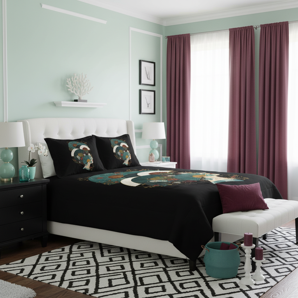 Elegant coastal bedroom with mint walls and burgundy drapes