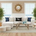 Elegant coastal living room with lumbar wing pillow square
