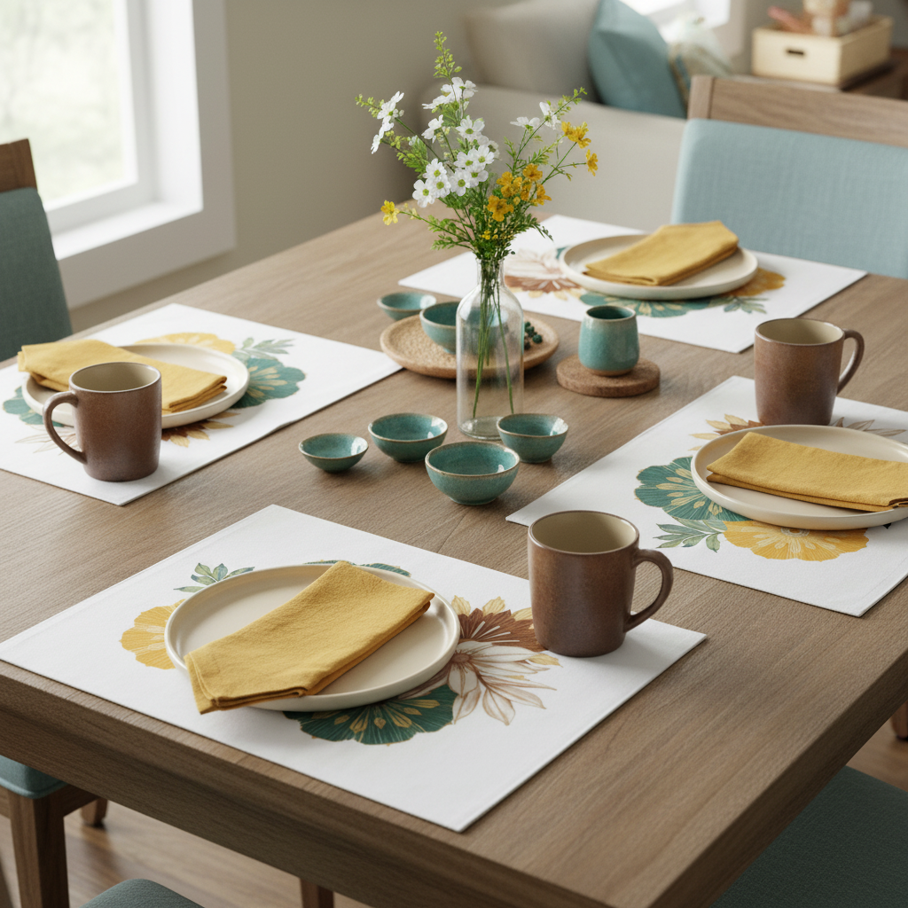 Elegant coastal table with four floral placemats in earth tones