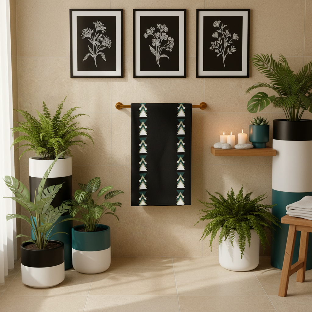 Elegant cozy bathroom with geometric towel and lush greenery