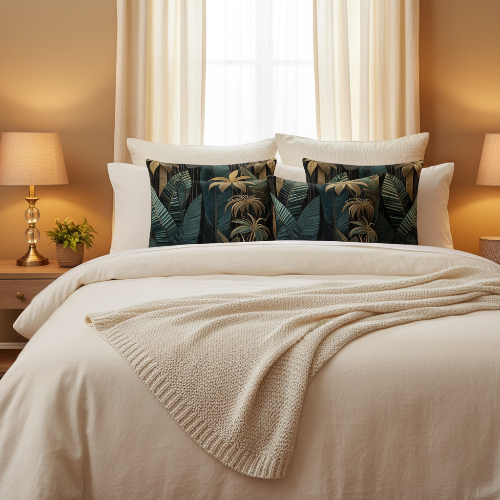 Elegant cozy bedroom featuring dark emerald and gold jungle pattern decorative pillows on plush bed