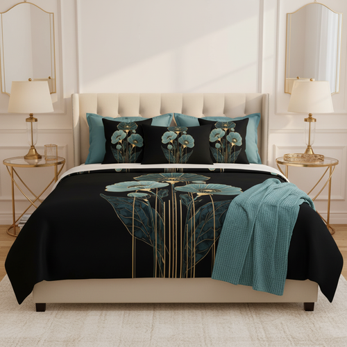 Elegant cozy bedroom with black teal gold floral comforter and decorative pillows