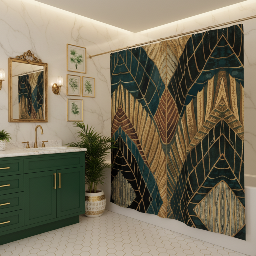 Elegant cream marble bathroom with emerald shower curtain and gold fixtures