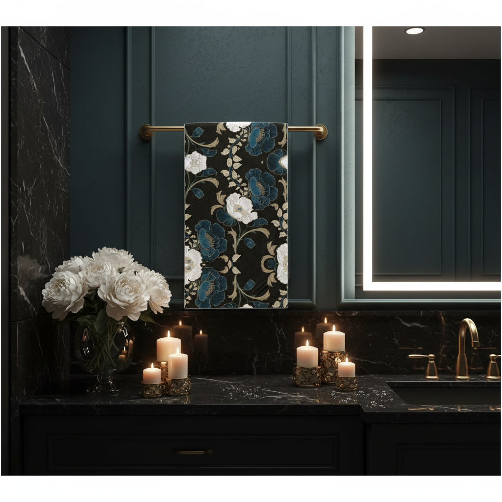 Elegant dark bathroom with floral towel, white peonies and glowing candles