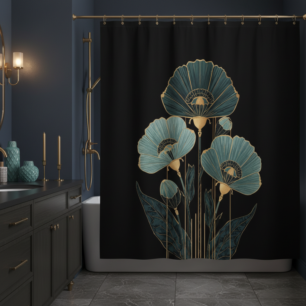 Elegant dark bathroom with navy walls and black teal floral shower curtain with brass fixtures
