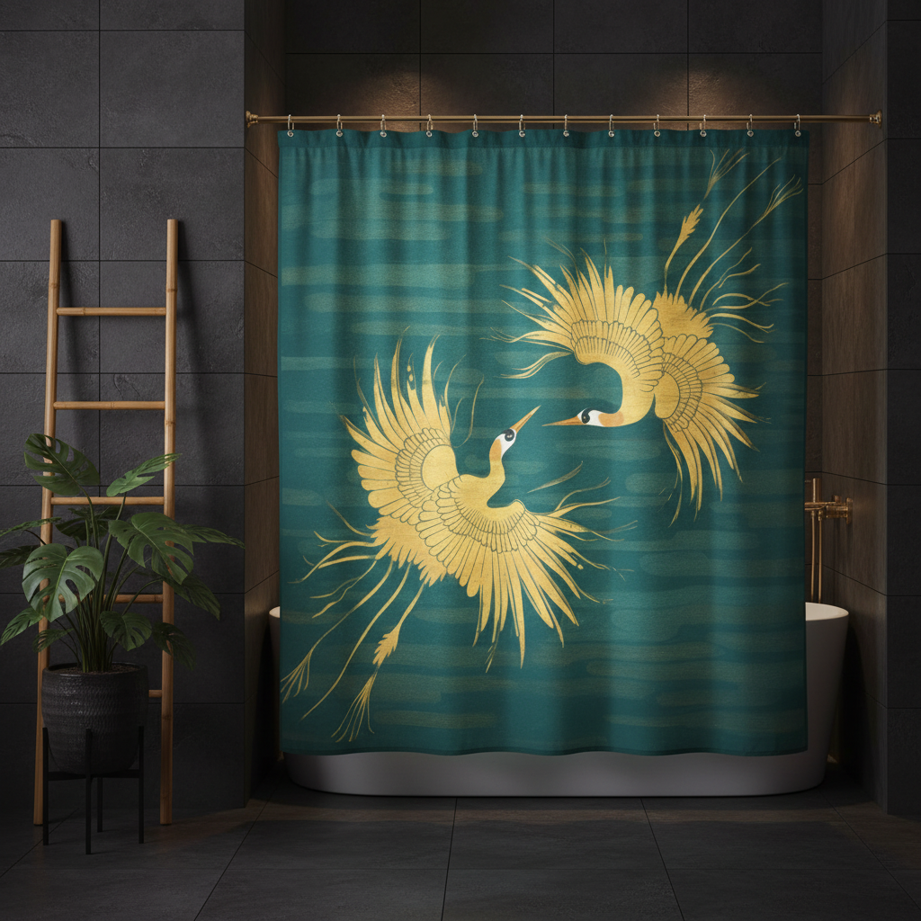 Elegant dark bathroom with teal gold crane shower curtain as luminous centerpiece in charcoal setting